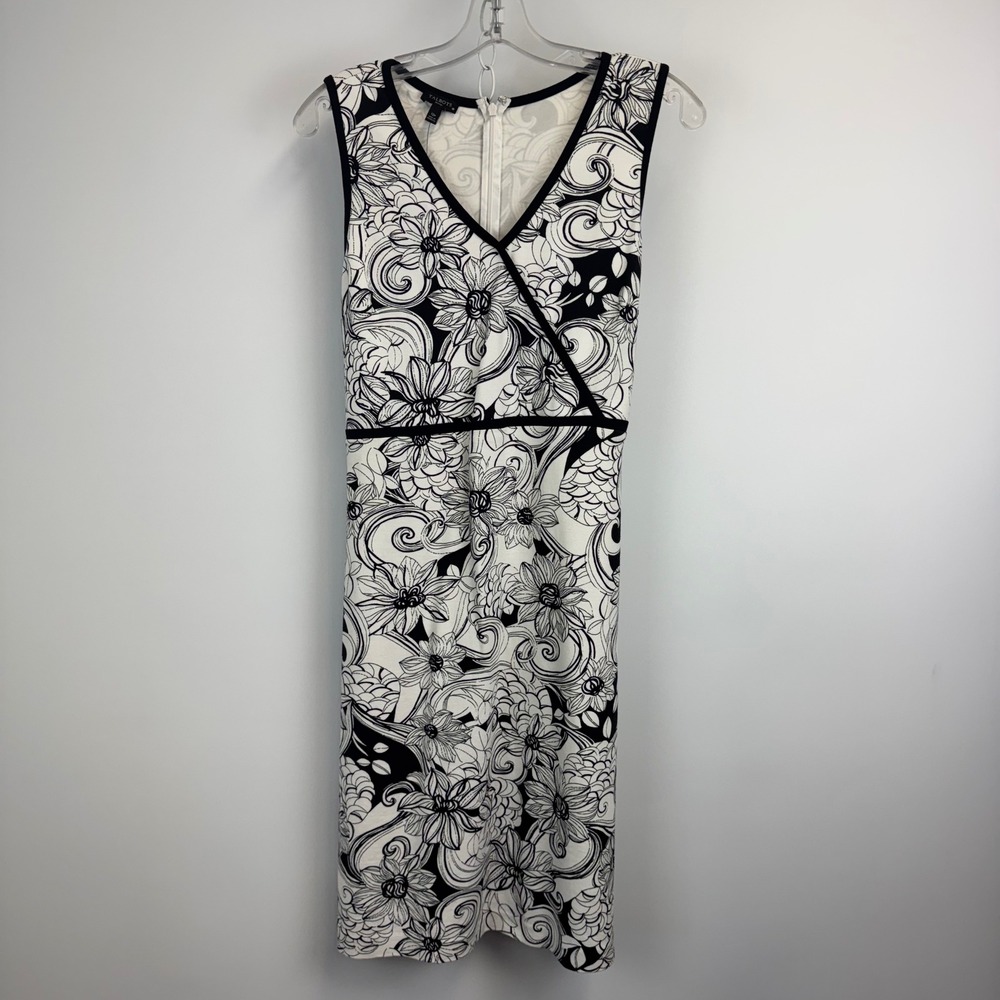 Talbots Petites Floral Sheath Dress‎ Black White Sleeveless V-Neck 12P NWT